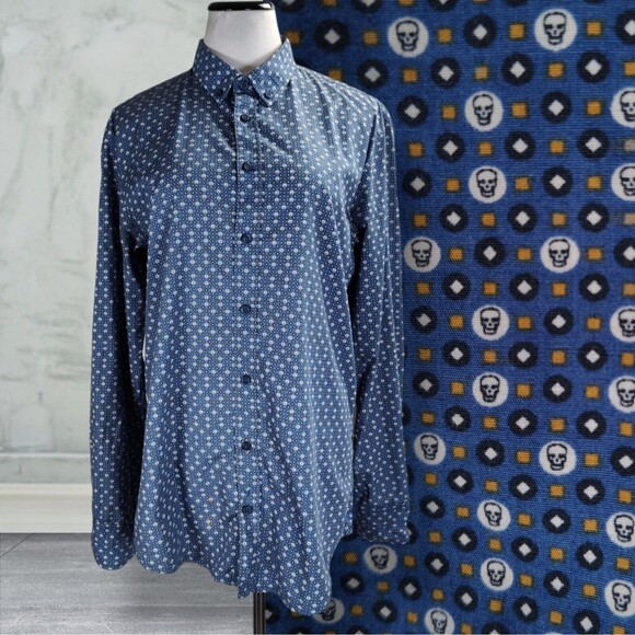 Hugo Boss Slim Fit Casual Shirt Size L Blue Polka Dot Skull Print Punk